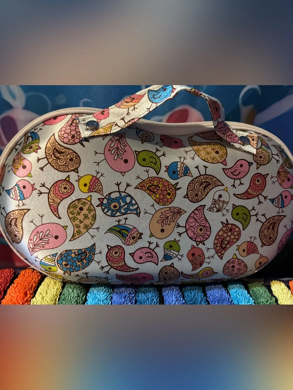 Bird-Print Bra Travel Case - Pink, Blue, Green, Yellow